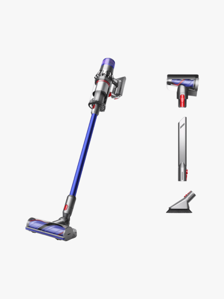 Dyson V11 Origin Cordless Vacuum in branded silver and blue component on a light gray background