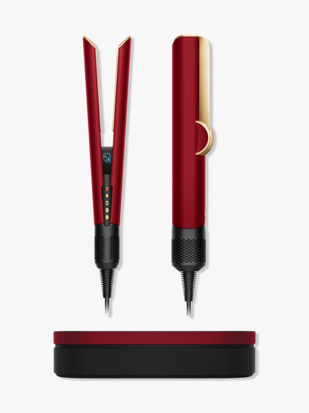 Dyson Special Edition Airstrait Straightener in Red Velvet and Gold on light gray background